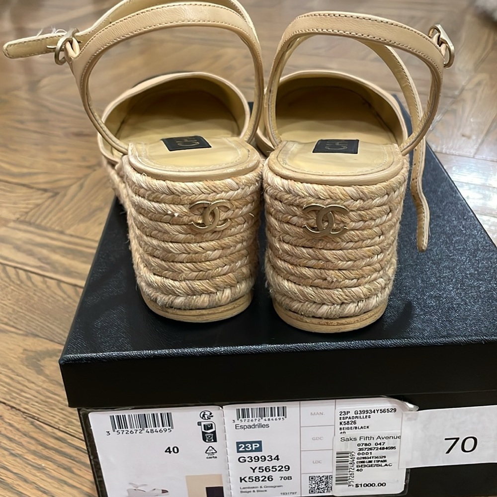 CHANEL Espadrilles Sandals Black Beige Wedge CC Captoe - Picture 3 of 9